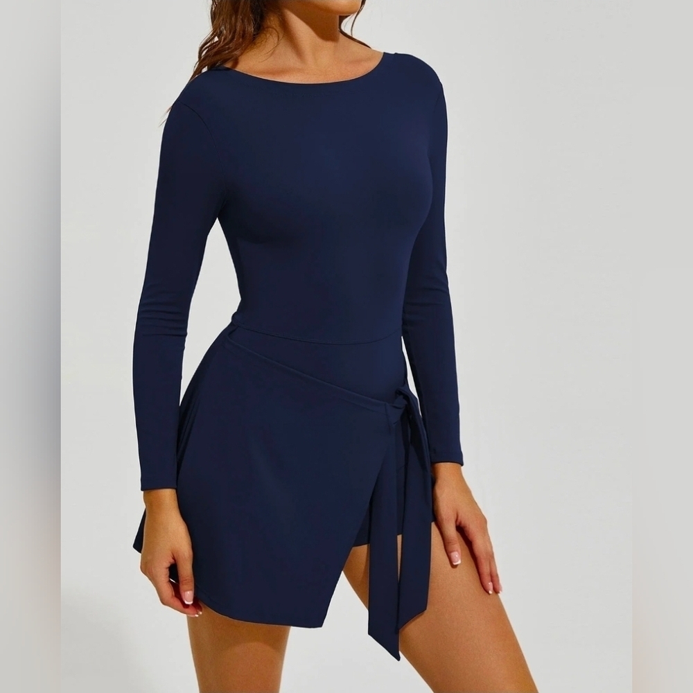 Women's Long Sleeve Wrap Mini Athletic Dress Built In Shorts Navy Blue L